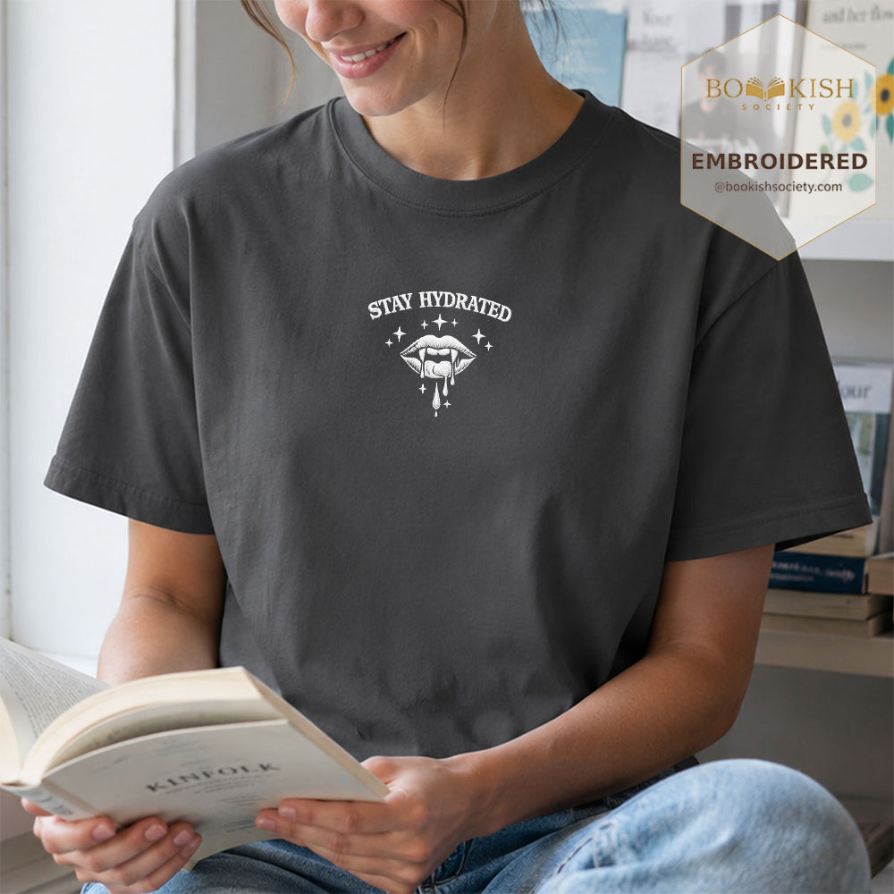 Embroidered Stay Hydrated Comfort Color ® T-shirt Book Lover Gift Graphite