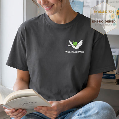 Embroidered We Ride at Dawn Comfort Color ® T-shirt Book Lover Gift Graphite