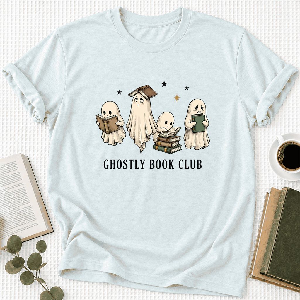 Ghostly Book Club Ultra-Soft Cotton T-Shirt | Spooky Book Lover Gift Heather Ice Blue