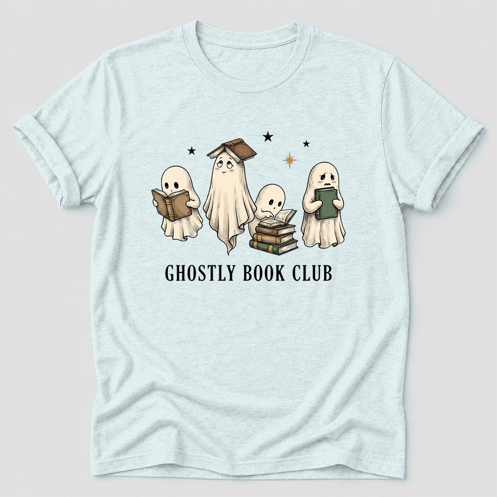 Ghostly Book Club Ultra-Soft Cotton T-Shirt | Spooky Book Lover Gift Heather Ice Blue