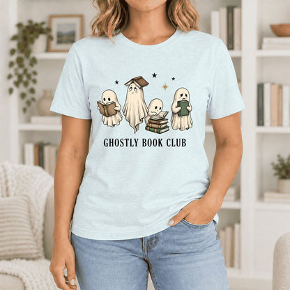 Ghostly Book Club Ultra-Soft Cotton T-Shirt | Spooky Book Lover Gift Heather Ice Blue