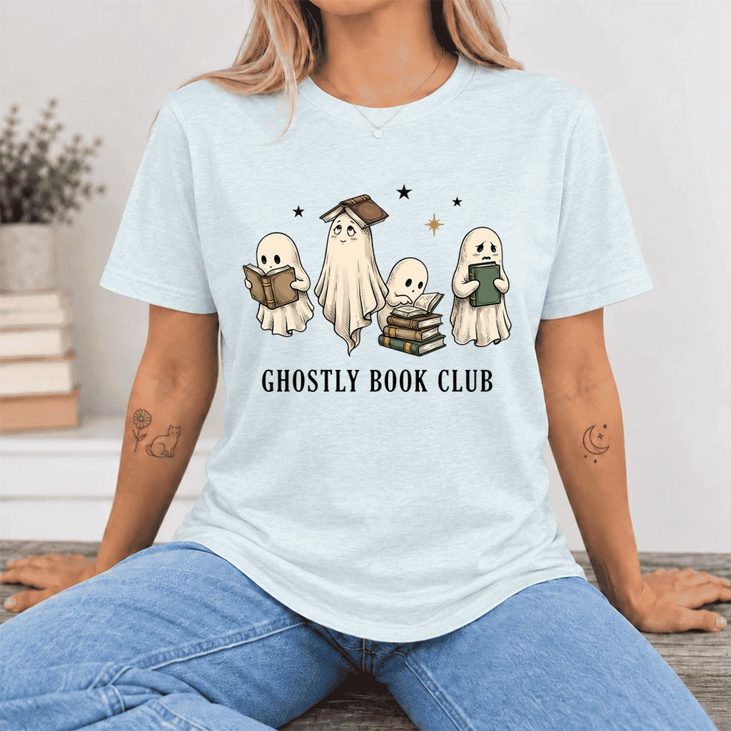 Ghostly Book Club Ultra-Soft Cotton T-Shirt | Spooky Book Lover Gift Heather Ice Blue