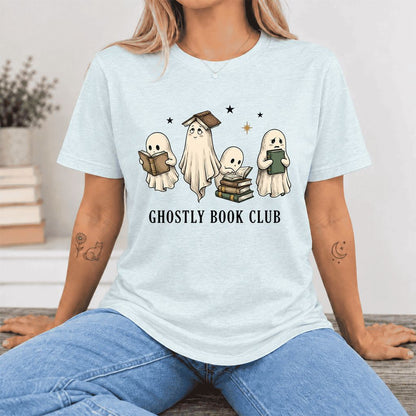 Ghostly Book Club Ultra-Soft Cotton T-Shirt | Spooky Book Lover Gift Heather Ice Blue