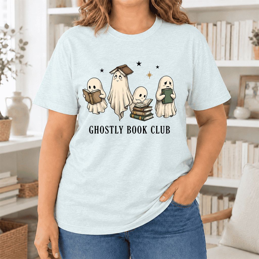 Ghostly Book Club Ultra-Soft Cotton T-Shirt | Spooky Book Lover Gift Heather Ice Blue