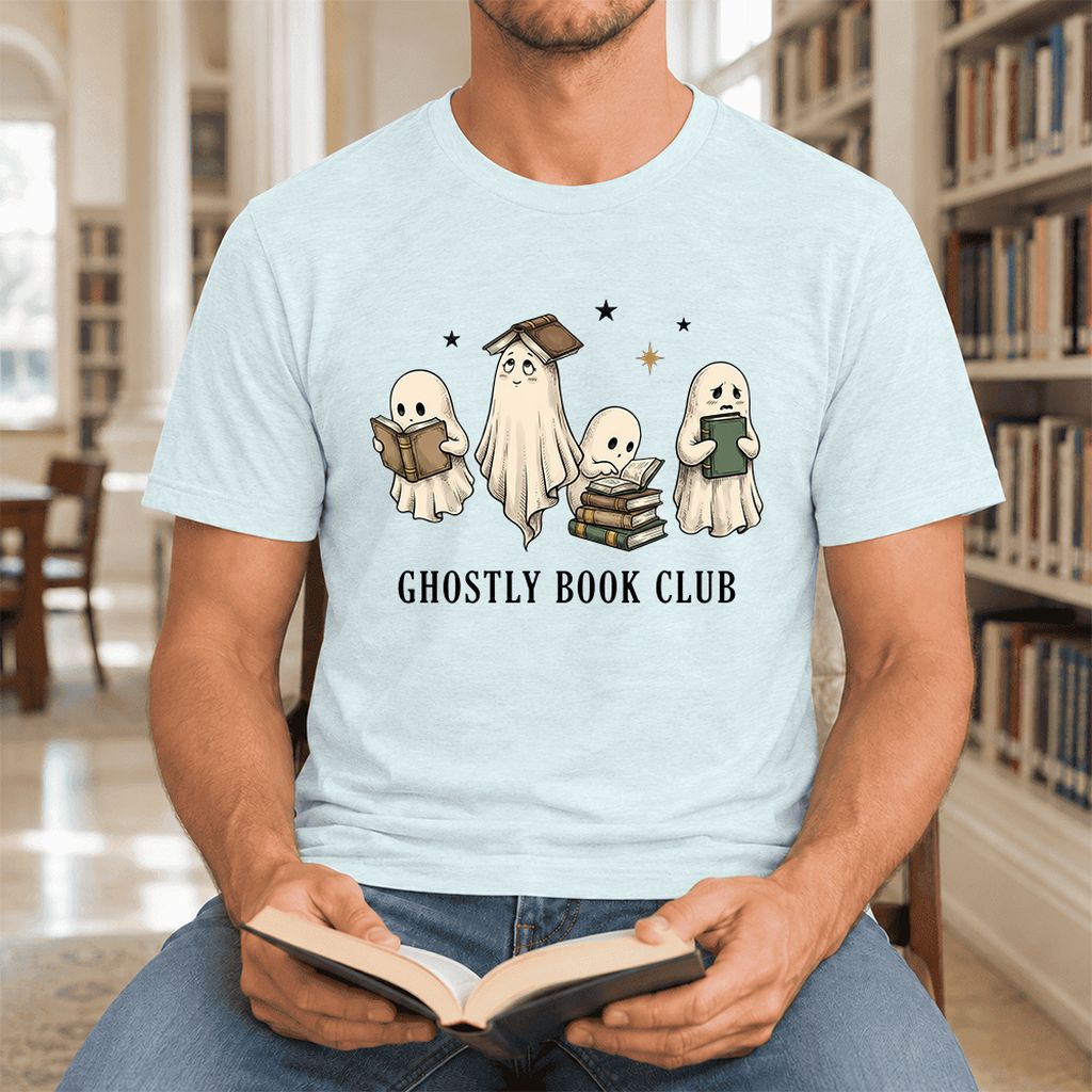 Ghostly Book Club Ultra-Soft Cotton T-Shirt | Spooky Book Lover Gift Heather Ice Blue