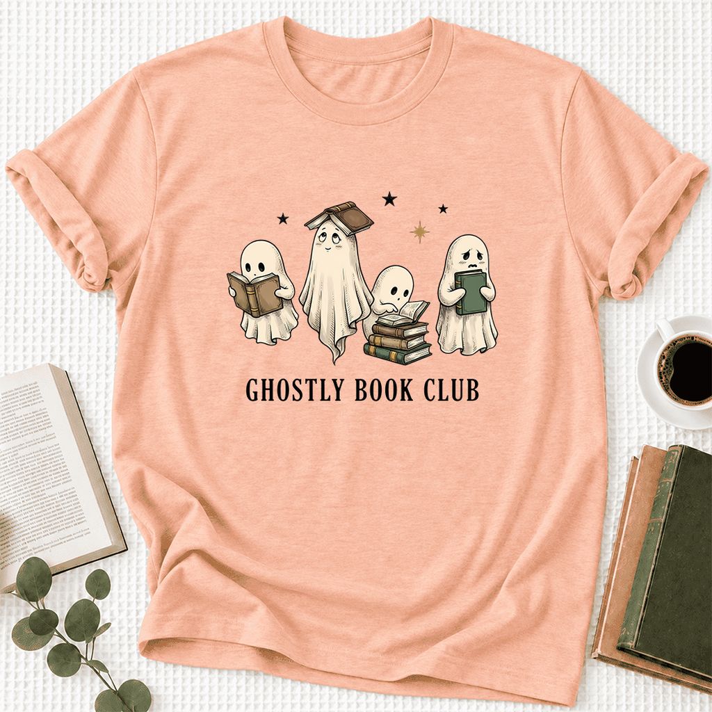 Ghostly Book Club Ultra-Soft Cotton T-Shirt | Spooky Book Lover Gift Heather Peach