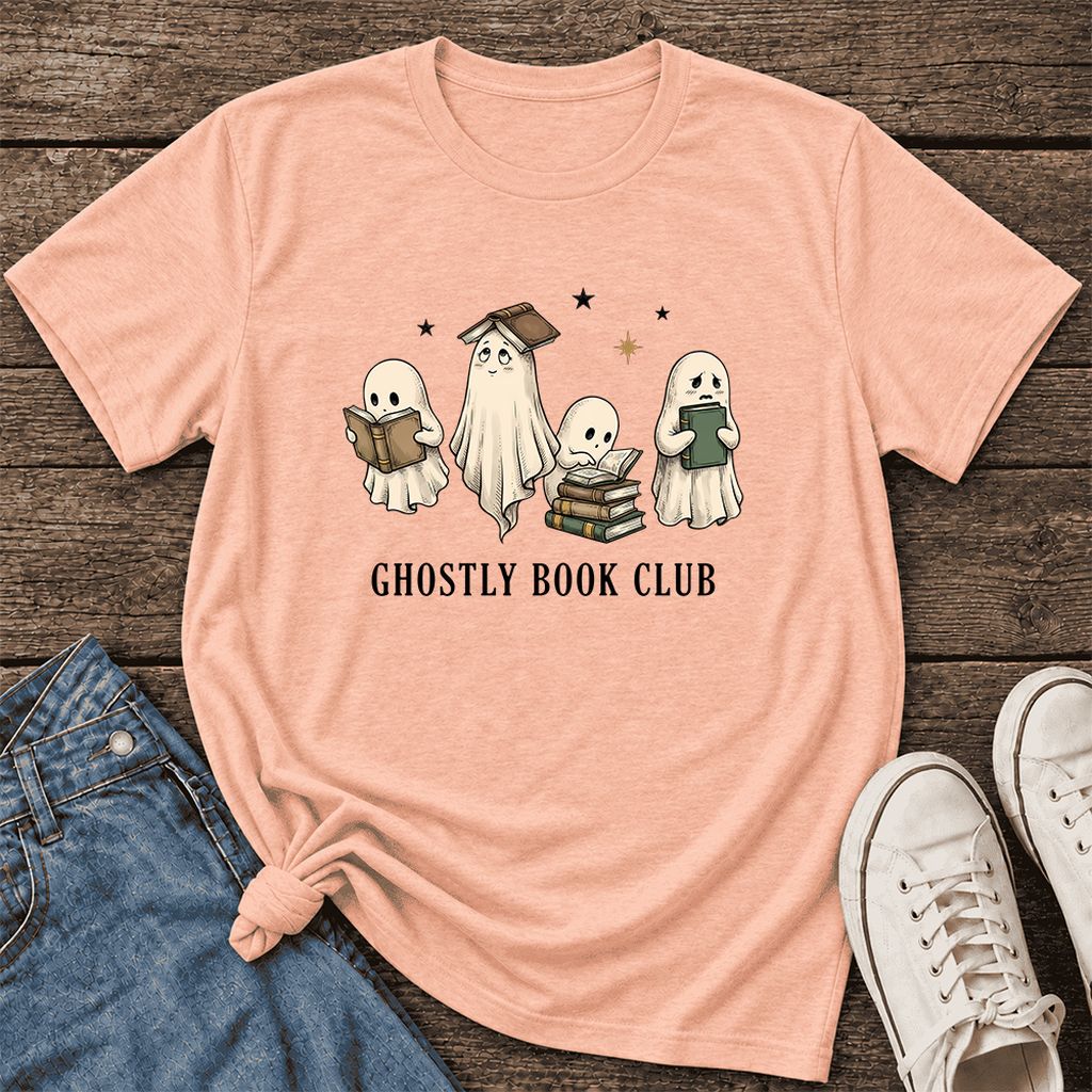 Ghostly Book Club Ultra-Soft Cotton T-Shirt | Spooky Book Lover Gift Heather Peach