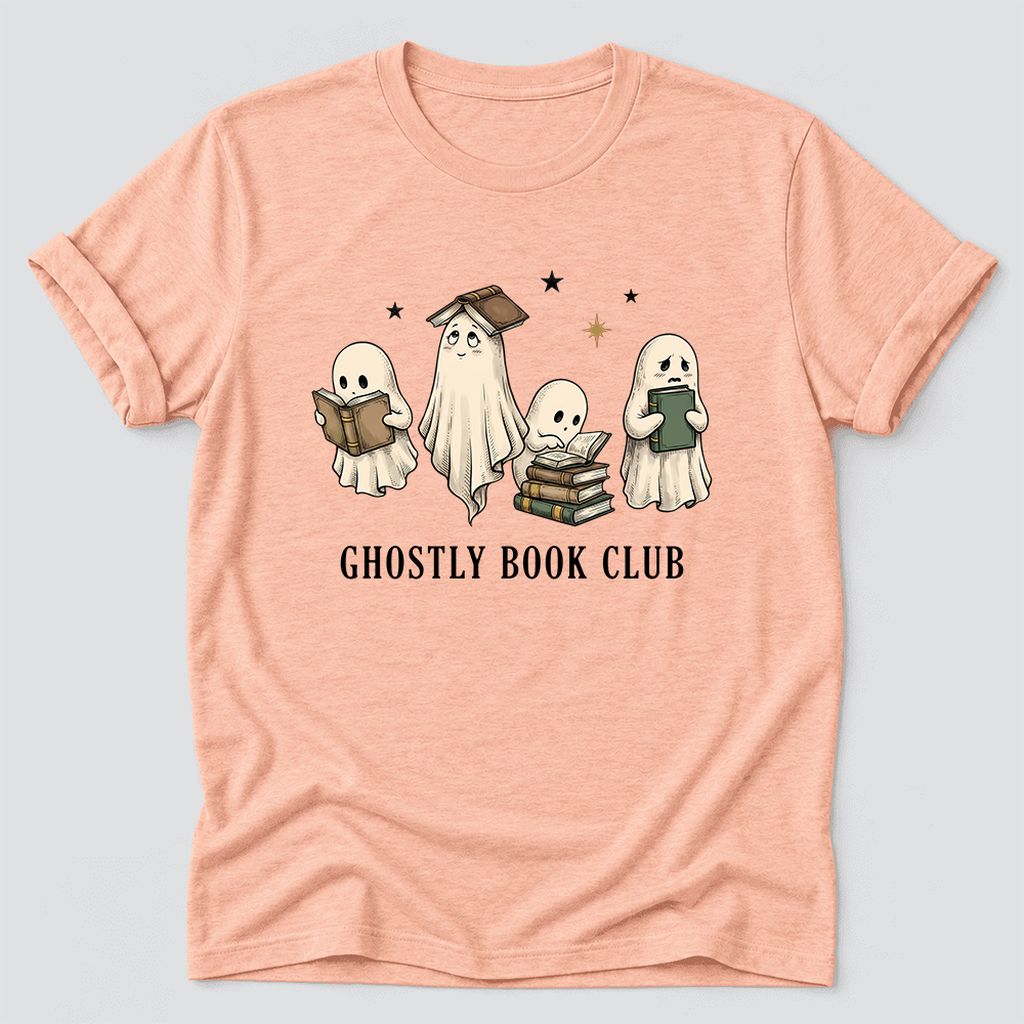 Ghostly Book Club Ultra-Soft Cotton T-Shirt | Spooky Book Lover Gift Heather Peach