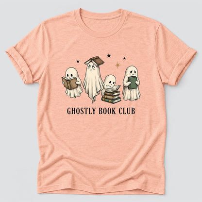 Ghostly Book Club Ultra-Soft Cotton T-Shirt | Spooky Book Lover Gift Heather Peach