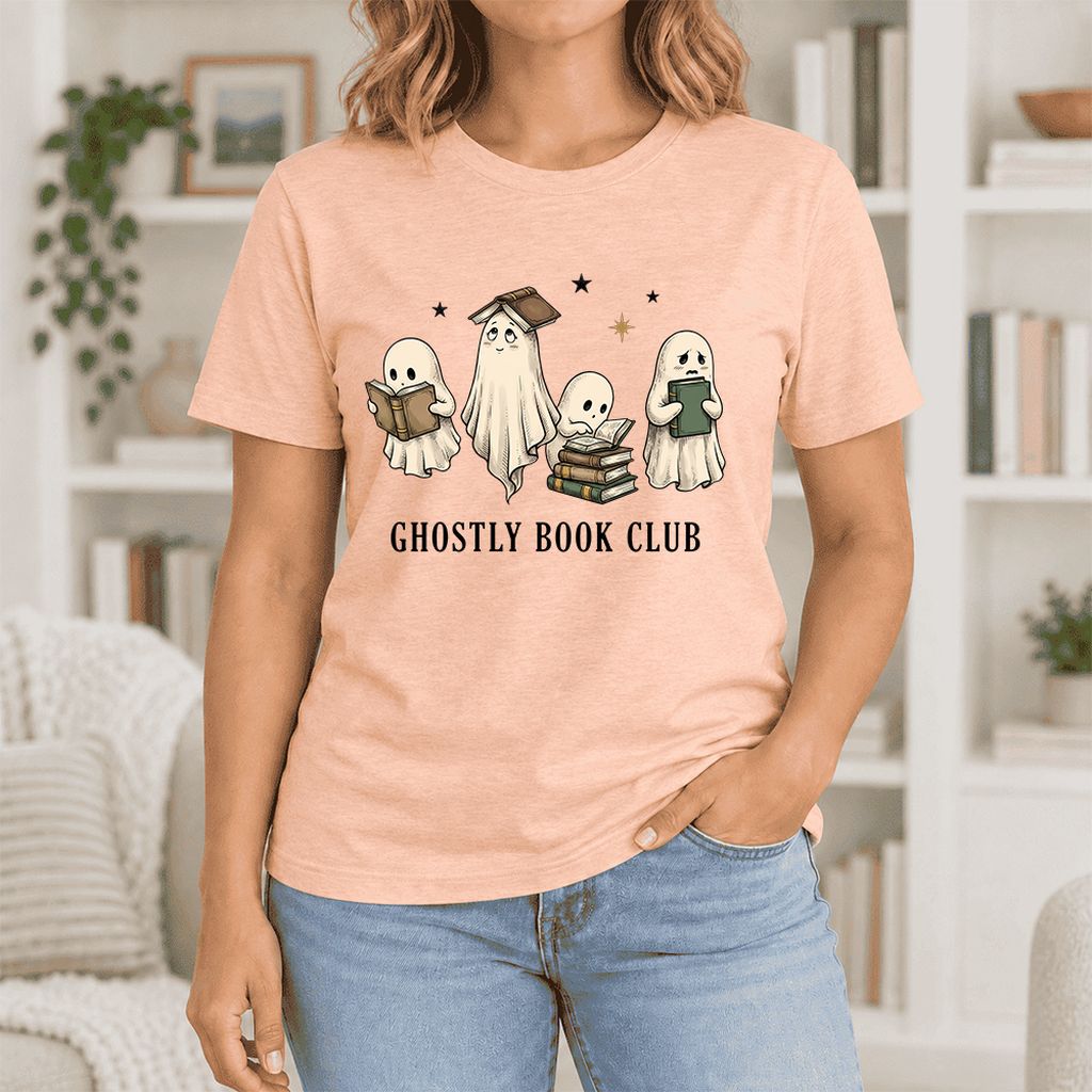 Ghostly Book Club Ultra-Soft Cotton T-Shirt | Spooky Book Lover Gift Heather Peach