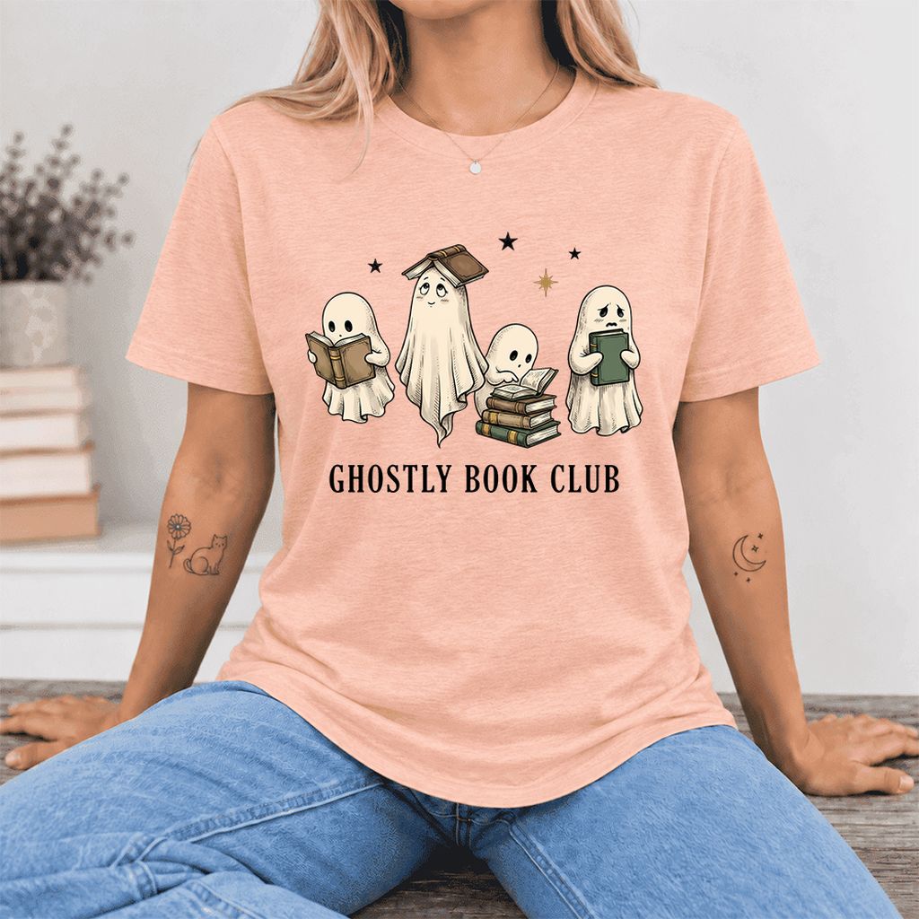 Ghostly Book Club Ultra-Soft Cotton T-Shirt | Spooky Book Lover Gift Heather Peach