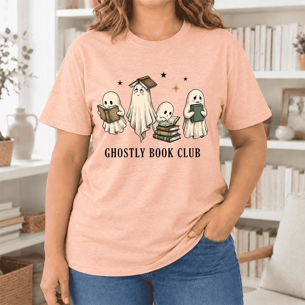 Ghostly Book Club Ultra-Soft Cotton T-Shirt | Spooky Book Lover Gift Heather Peach