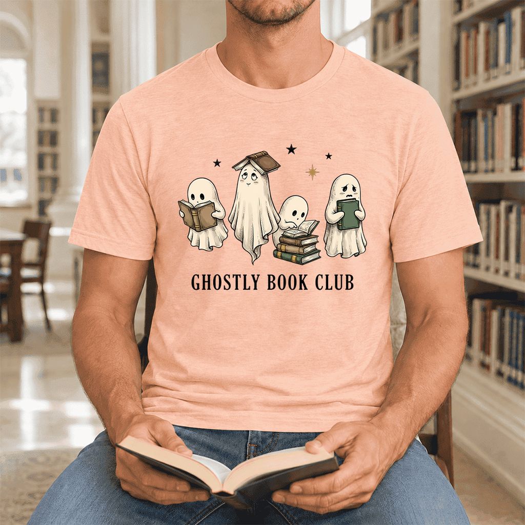 Ghostly Book Club Ultra-Soft Cotton T-Shirt | Spooky Book Lover Gift Heather Peach