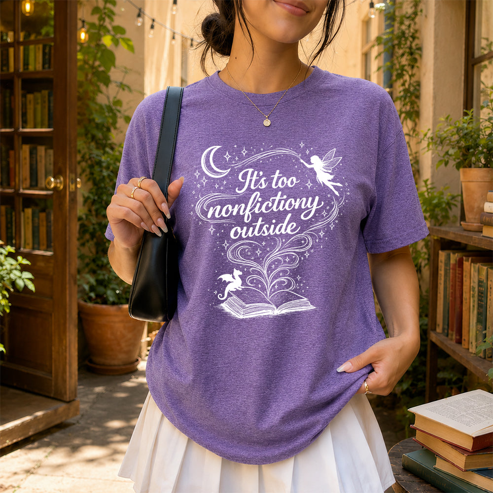 It's Too Nonfictiony Outside Softstyle T-Shirt | Book Lover Gift Heather Purple
