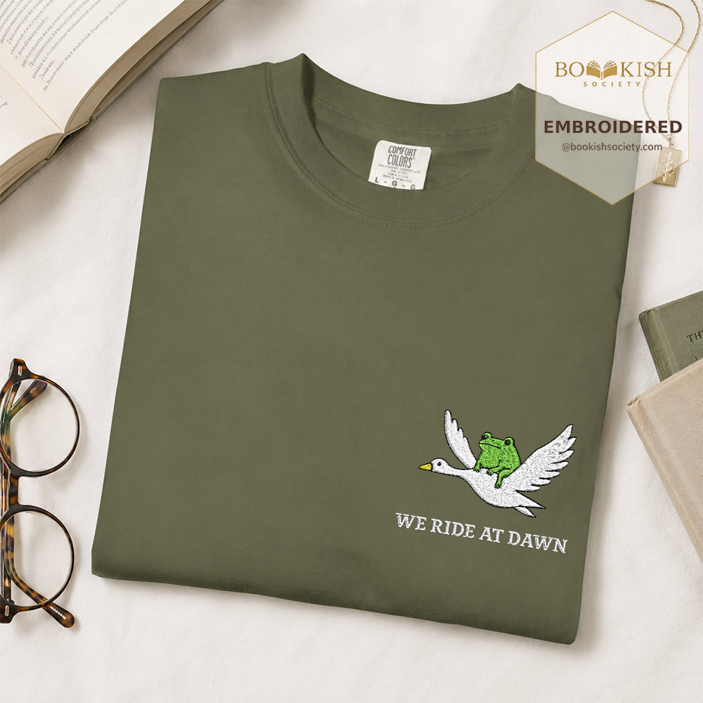 Embroidered We Ride at Dawn Comfort Color ® T-shirt Book Lover Gift Hemp