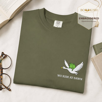 Embroidered We Ride at Dawn Comfort Color ® T-shirt Book Lover Gift Hemp