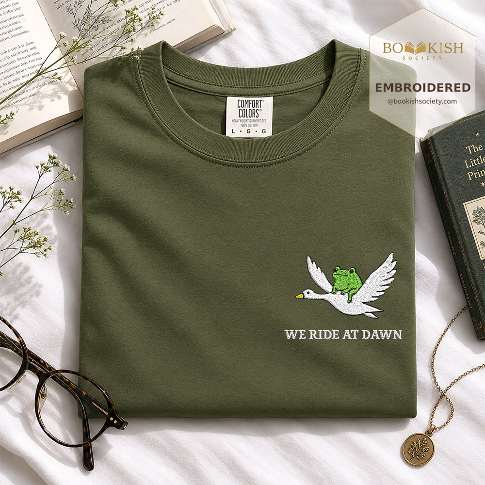 Embroidered We Ride at Dawn Comfort Color ® T-shirt Book Lover Gift Hemp