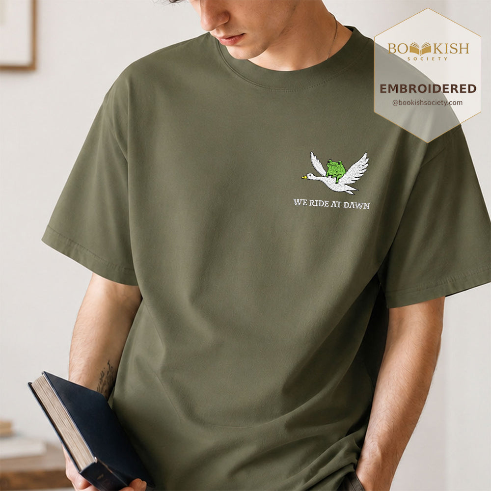 Embroidered We Ride at Dawn Comfort Color ® T-shirt Book Lover Gift Hemp