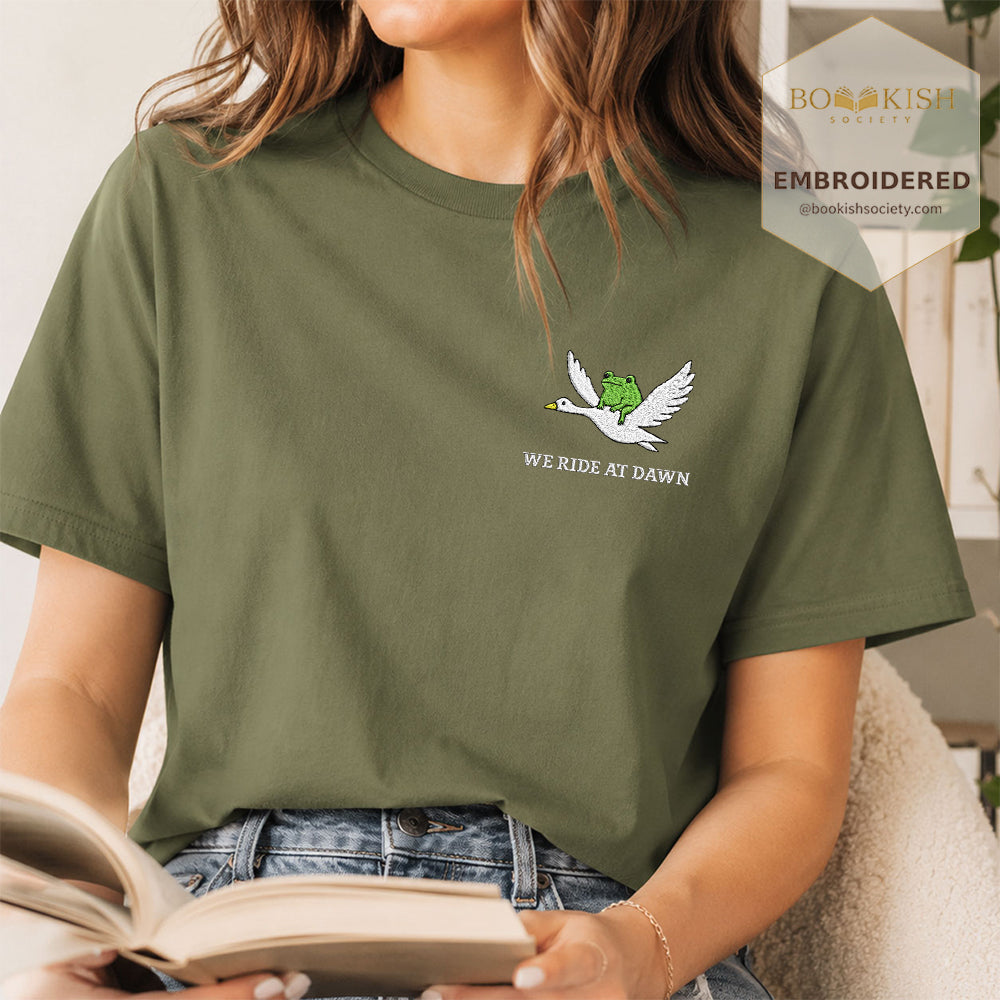Embroidered We Ride at Dawn Comfort Color ® T-shirt Book Lover Gift Hemp