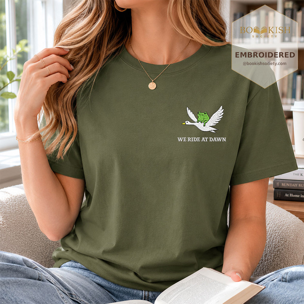 Embroidered We Ride at Dawn Comfort Color ® T-shirt Book Lover Gift Hemp