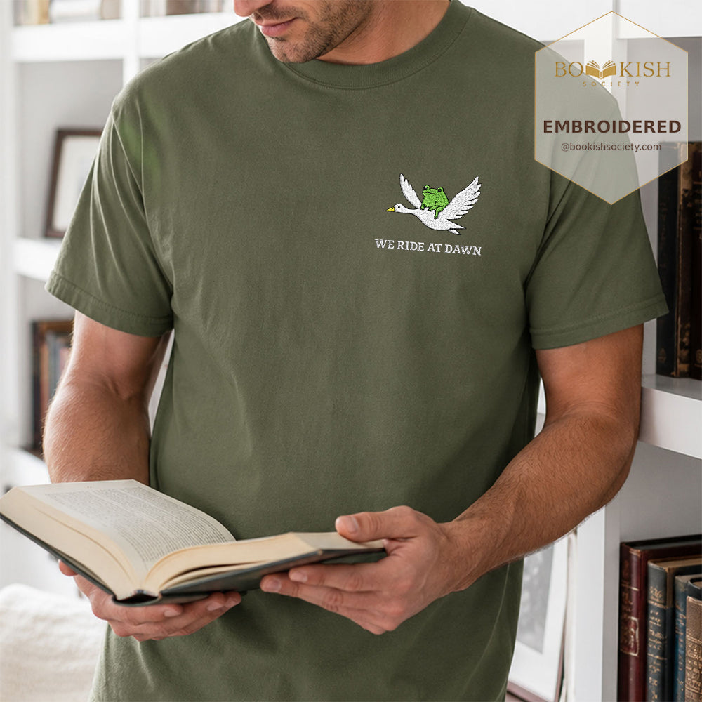Embroidered We Ride at Dawn Comfort Color ® T-shirt Book Lover Gift Hemp