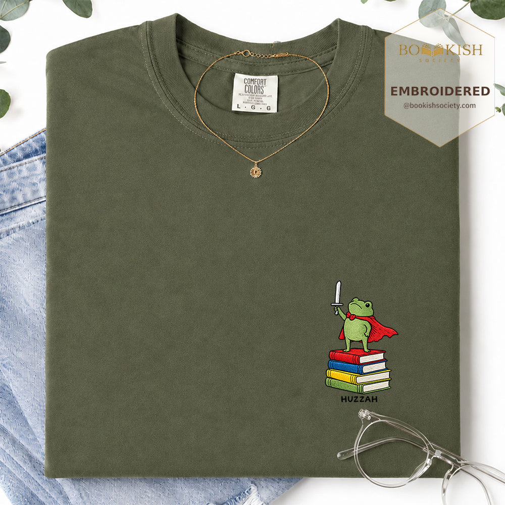Embroidered Huzzah Cute Frog Comfort Color ® T-shirt Book Lover Gift Hemp