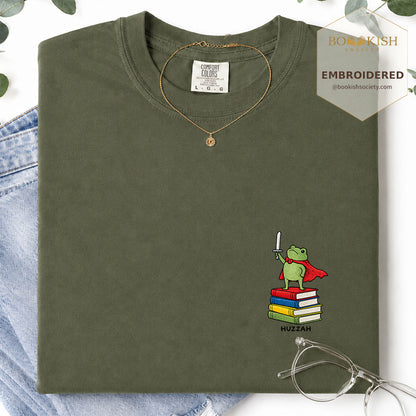 Embroidered Huzzah Cute Frog Comfort Color ® T-shirt Book Lover Gift Hemp