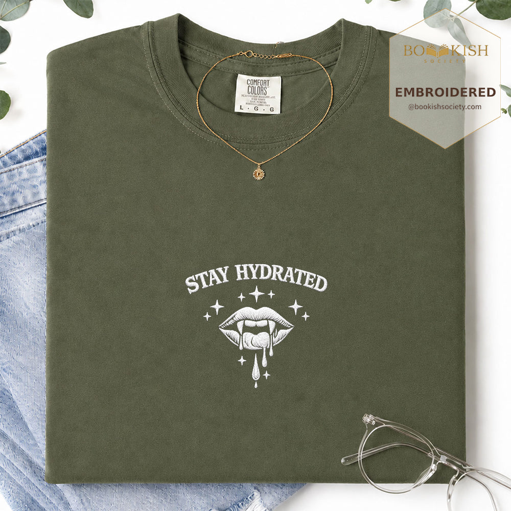 Embroidered Stay Hydrated Comfort Color ® T-shirt Book Lover Gift Hemp