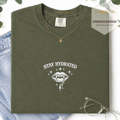 Embroidered Stay Hydrated Comfort Color ® T-shirt Book Lover Gift Hemp
