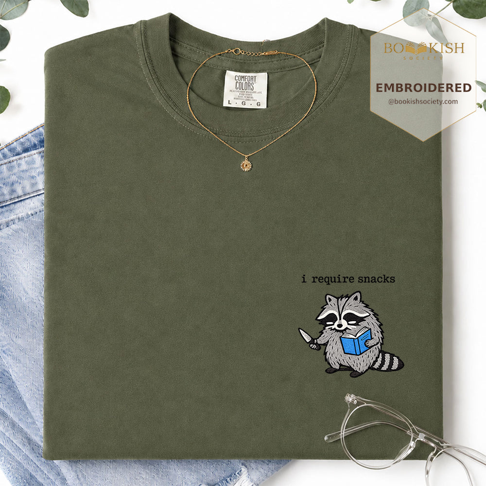 Embroidered I Require Snacks Comfort Color ® T-shirt Book Lover Gift Hemp