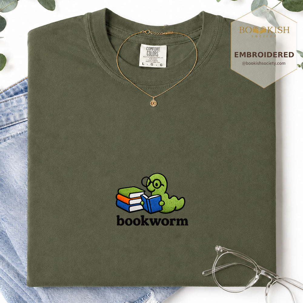 Embroidered Bookworm Comfort Color ® T-shirt Book Lover Gift Hemp