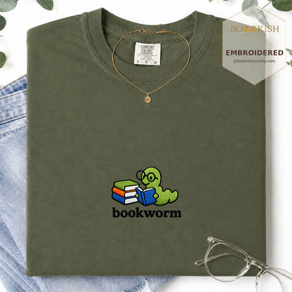 Embroidered Bookworm Comfort Color ® T-shirt Book Lover Gift Hemp