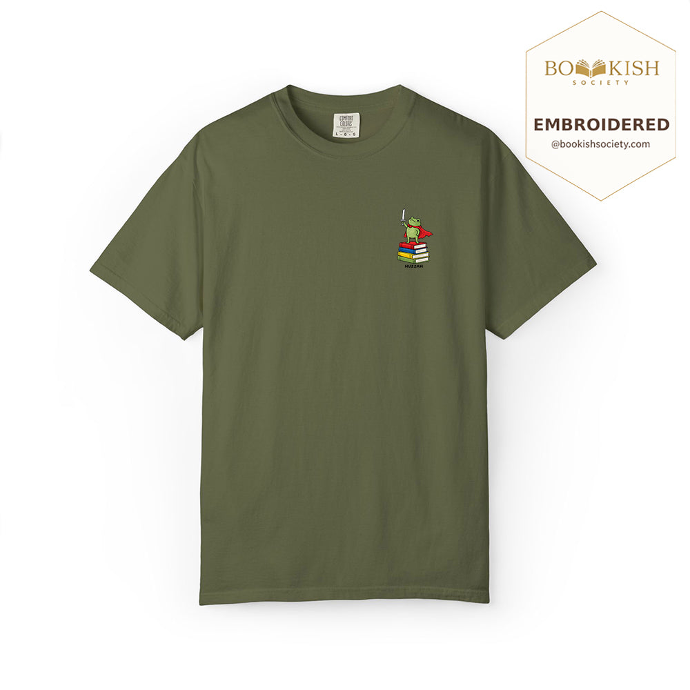 Embroidered Huzzah Cute Frog Comfort Color ® T-shirt Book Lover Gift Hemp