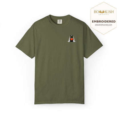 Embroidered Cat Reading Comfort Color ® T-shirt Book Lover Gift Hemp