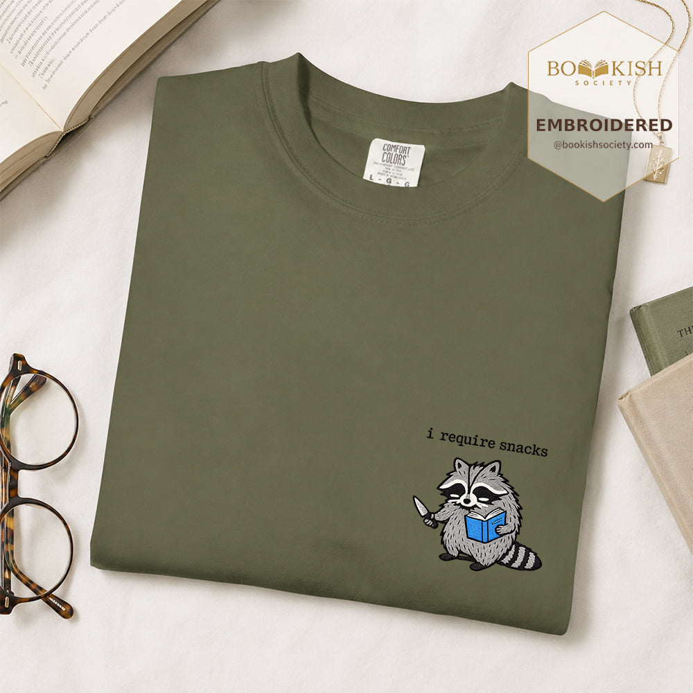 Embroidered I Require Snacks Comfort Color ® T-shirt Book Lover Gift Hemp