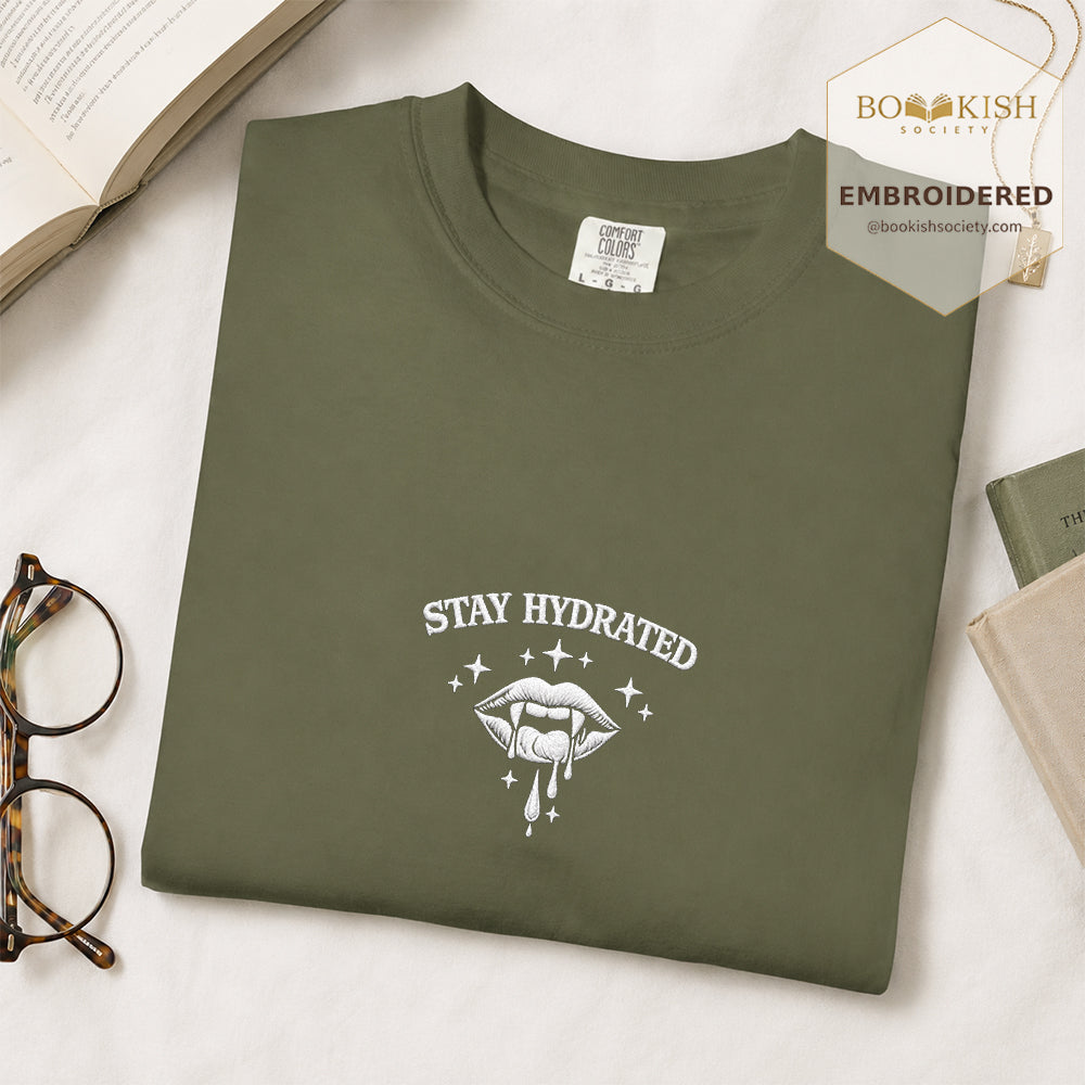Embroidered Stay Hydrated Comfort Color ® T-shirt Book Lover Gift Hemp