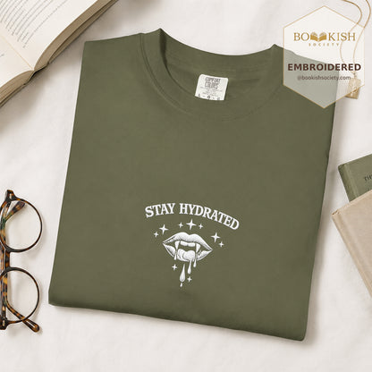 Embroidered Stay Hydrated Comfort Color ® T-shirt Book Lover Gift Hemp