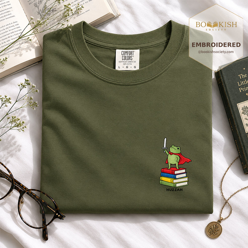 Embroidered Huzzah Cute Frog Comfort Color ® T-shirt Book Lover Gift Hemp