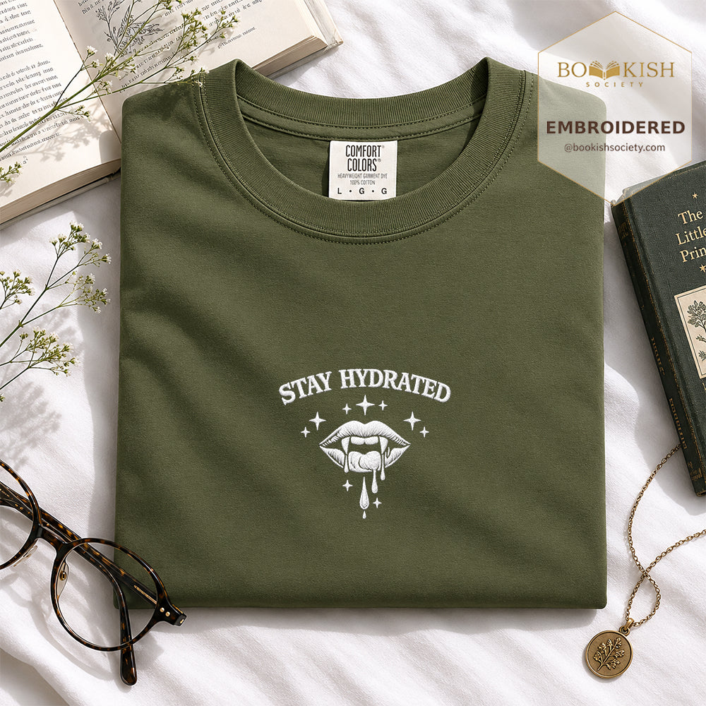 Embroidered Stay Hydrated Comfort Color ® T-shirt Book Lover Gift Hemp