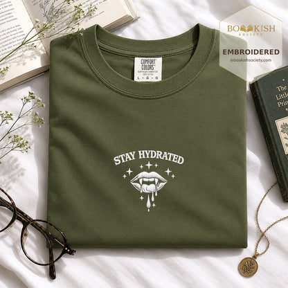 Embroidered Stay Hydrated Comfort Color ® T-shirt Book Lover Gift Hemp