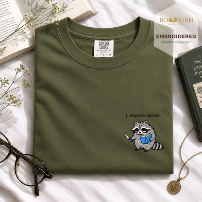 Embroidered I Require Snacks Comfort Color ® T-shirt Book Lover Gift Hemp