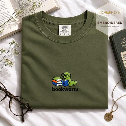 Embroidered Bookworm Comfort Color ® T-shirt Book Lover Gift Hemp