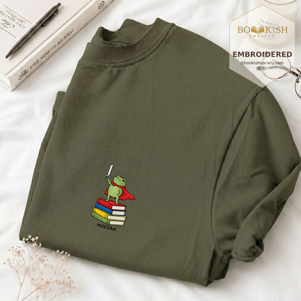 Embroidered Huzzah Cute Frog Comfort Color ® T-shirt Book Lover Gift Hemp