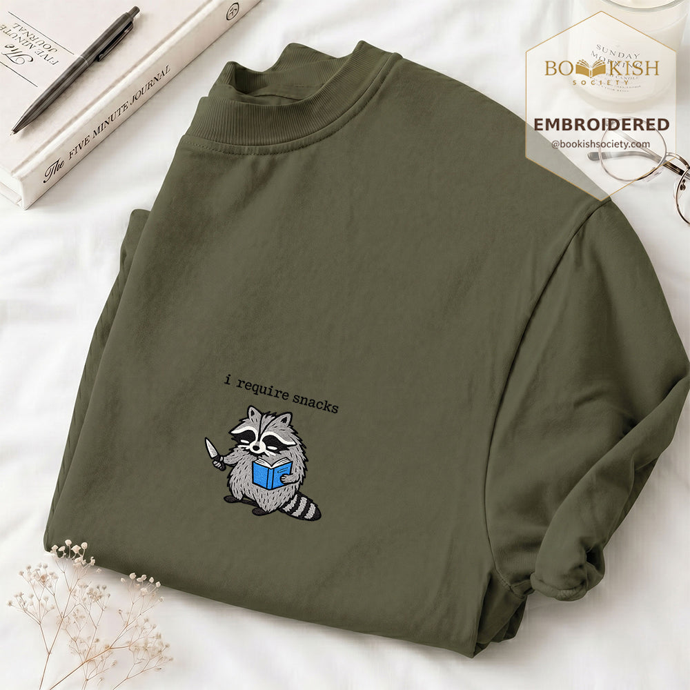 Embroidered I Require Snacks Comfort Color ® T-shirt Book Lover Gift Hemp