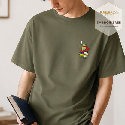 Embroidered Huzzah Cute Frog Comfort Color ® T-shirt Book Lover Gift Hemp