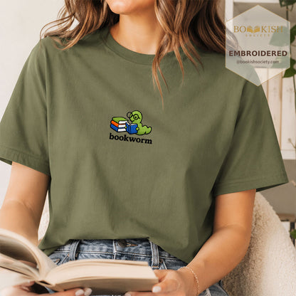 Embroidered Bookworm Comfort Color ® T-shirt Book Lover Gift Hemp
