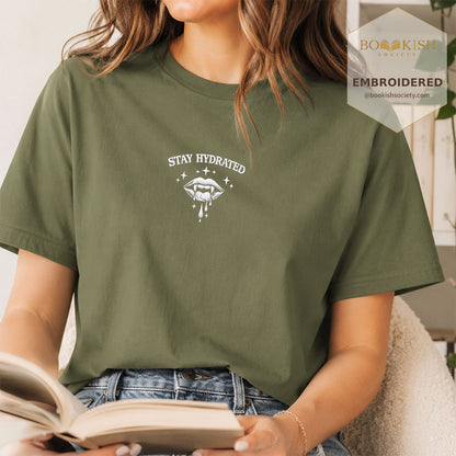 Embroidered Stay Hydrated Comfort Color ® T-shirt Book Lover Gift Hemp