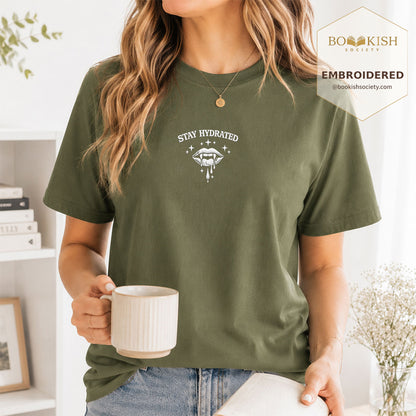 Embroidered Stay Hydrated Comfort Color ® T-shirt Book Lover Gift Hemp