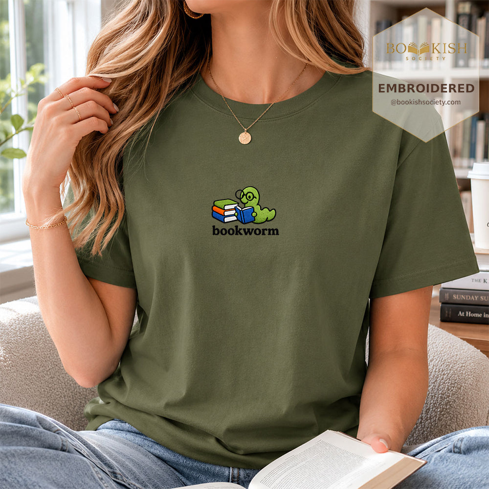 Embroidered Bookworm Comfort Color ® T-shirt Book Lover Gift Hemp