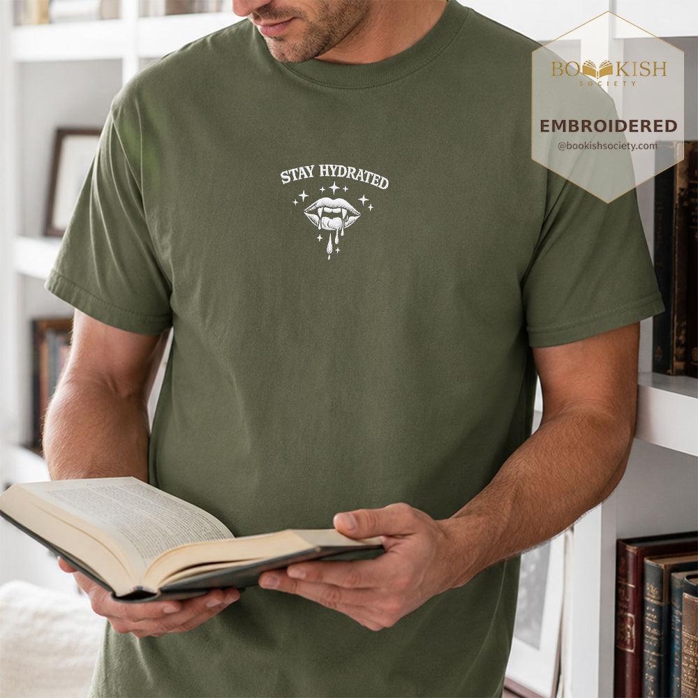 Embroidered Stay Hydrated Comfort Color ® T-shirt Book Lover Gift Hemp